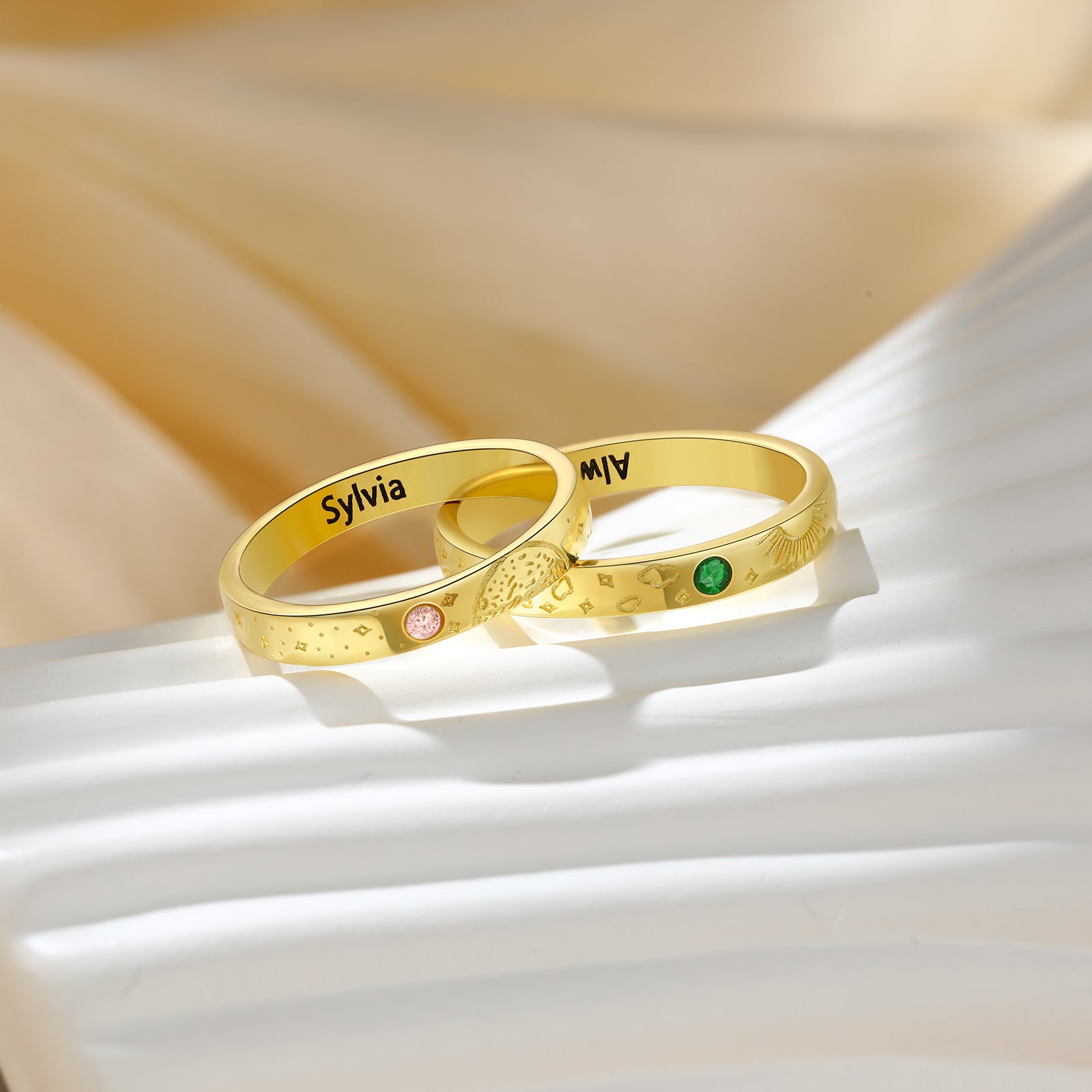 Custom Name Birthstone Ring in gold plating, featuring personalized engraving and a stylish design, made from durable copper.