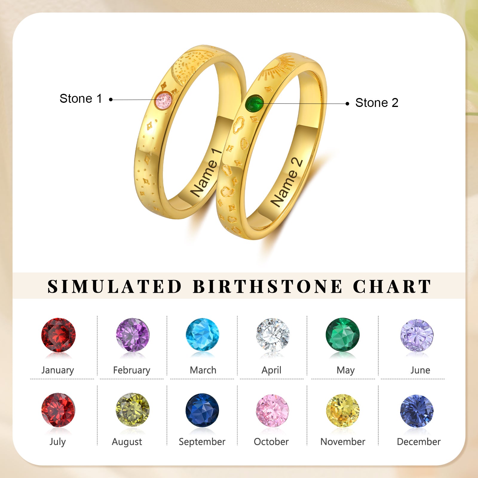 Custom Name Birthstone Ring in gold plating, featuring personalized engraving and a stylish design, made from durable copper.