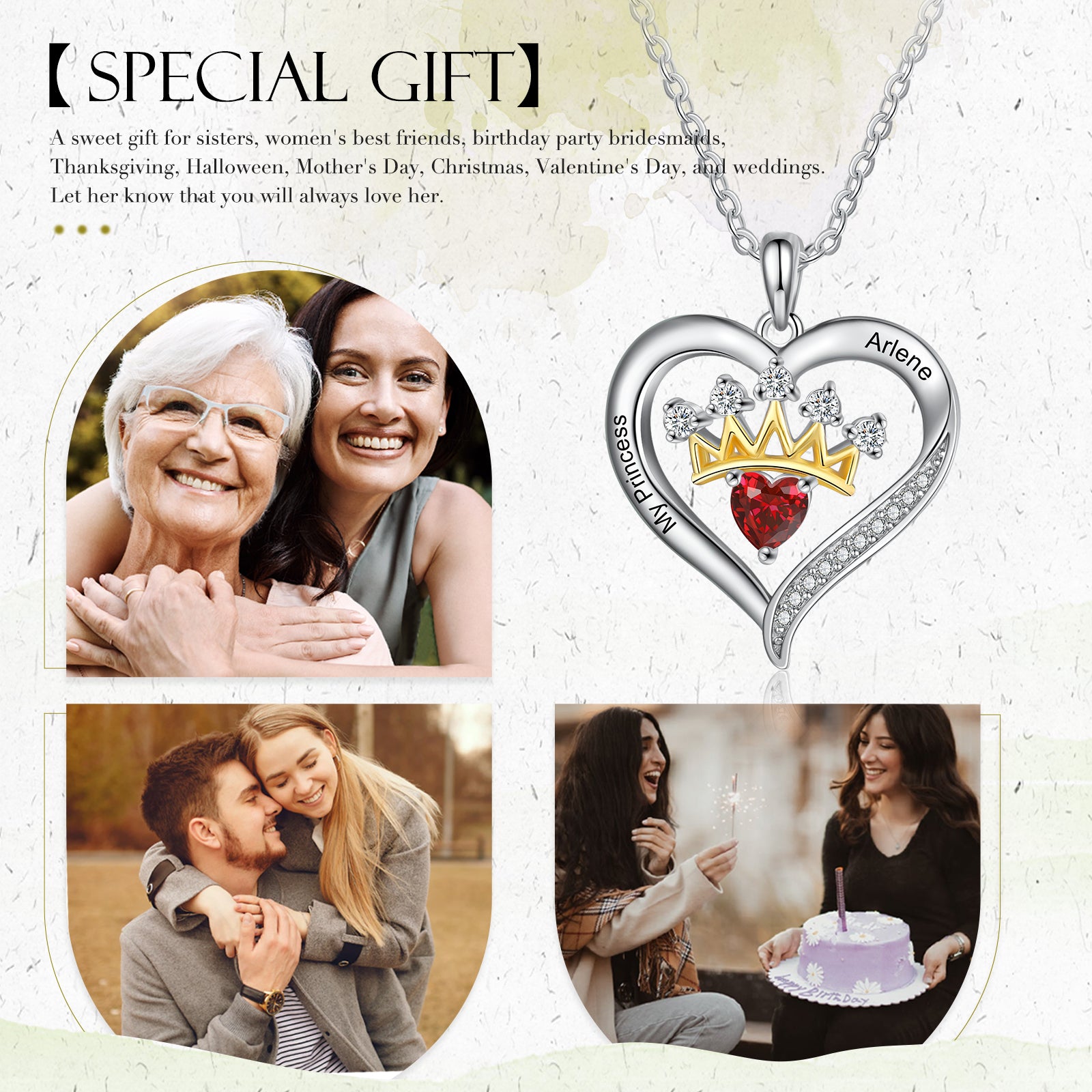 Custom Name Crown Heart Necklace made of tarnish-resistant copper, featuring a unique crown heart design, adjustable length, and hypoallergenic properties.