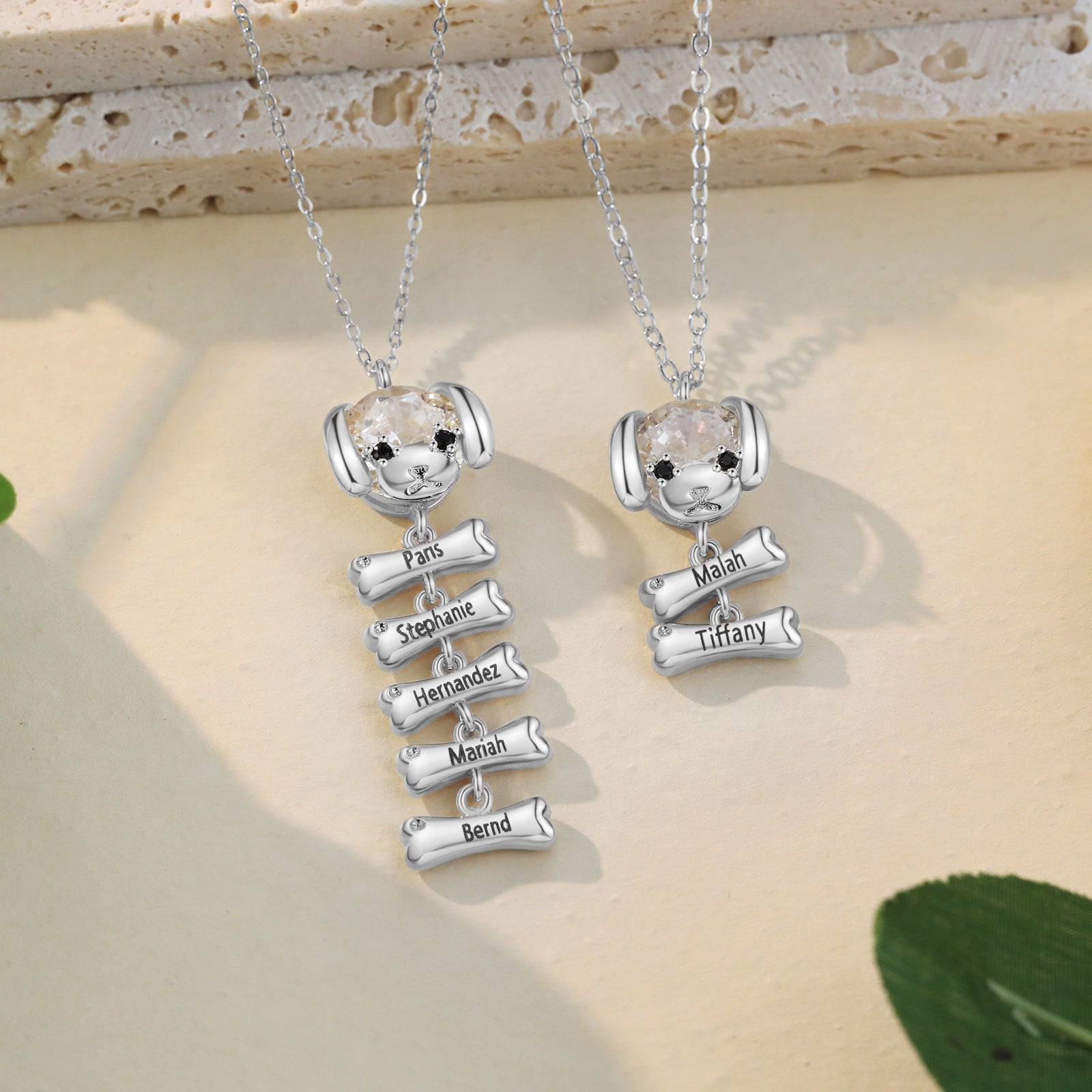 Custom Name Dog and Bone Necklace made of copper, featuring a personalized name tag and a dog bone design.