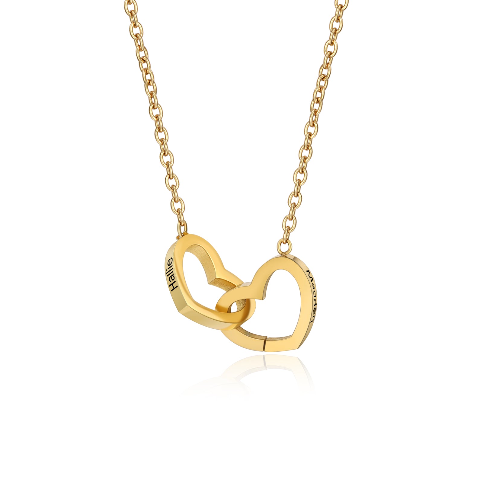 Custom Name Double Heart Necklace made of titanium steel, featuring two intertwined hearts and a personalized name pendant.