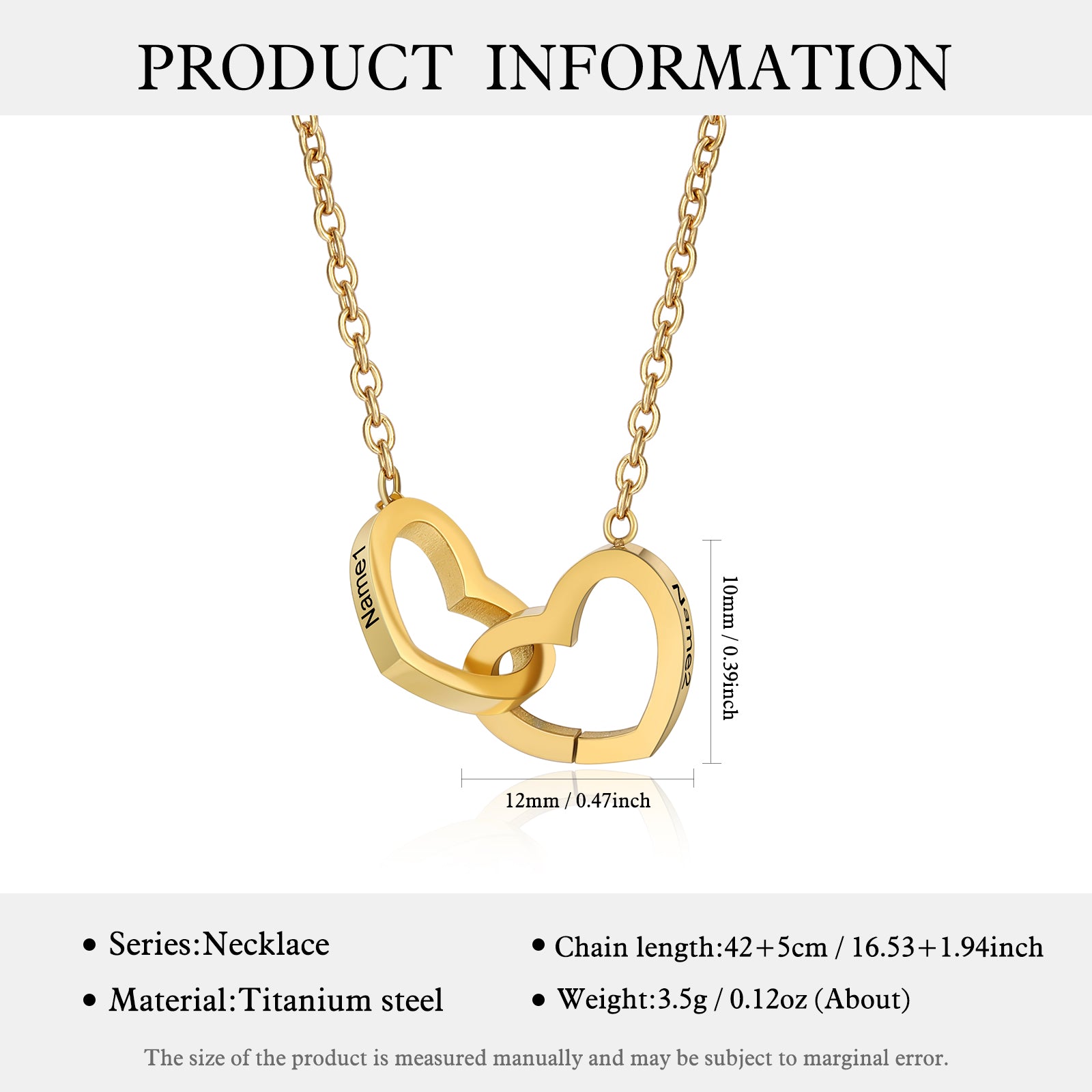 Custom Name Double Heart Necklace made of titanium steel, featuring two intertwined hearts and a personalized name pendant.