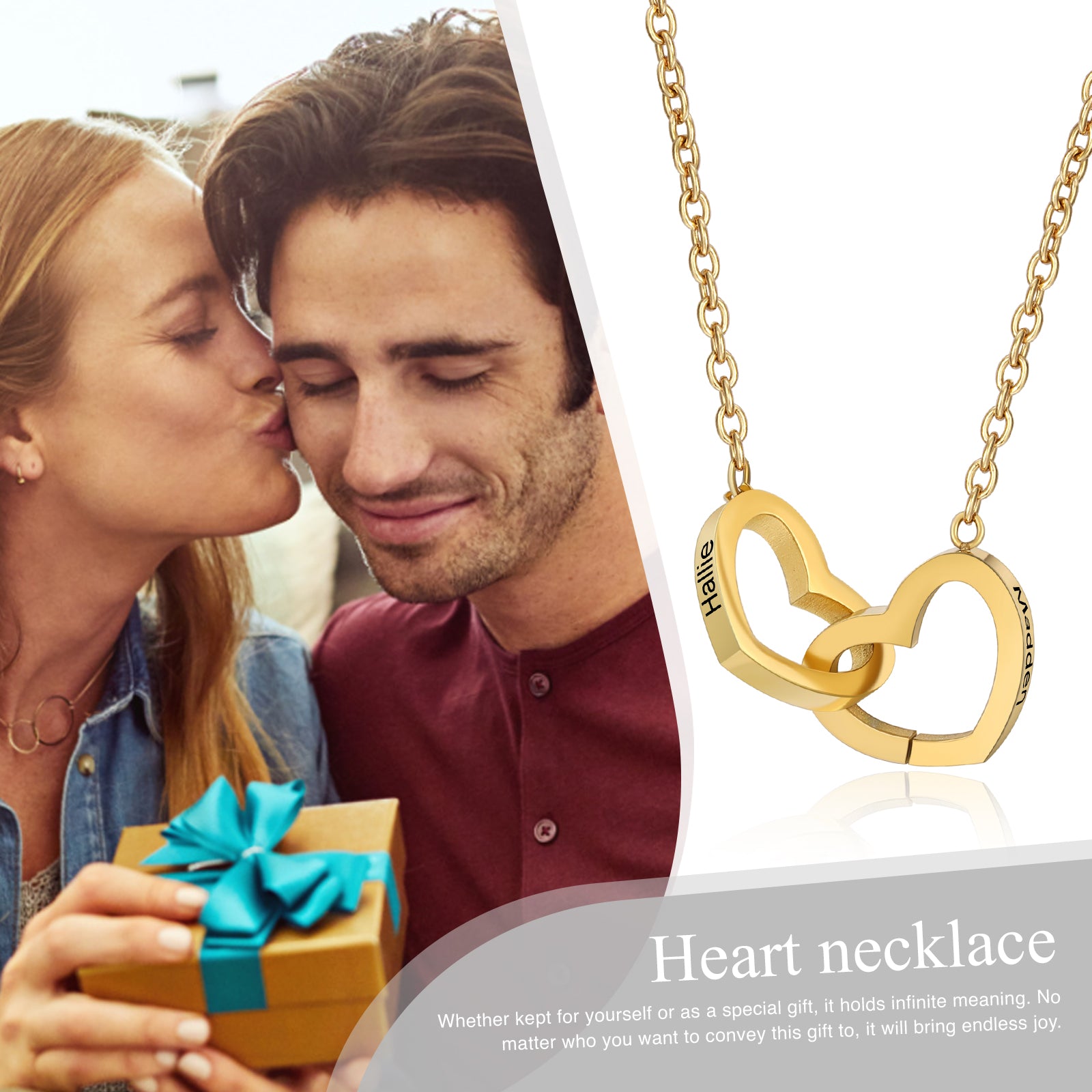 Custom Name Double Heart Necklace made of titanium steel, featuring two intertwined hearts and a personalized name pendant.