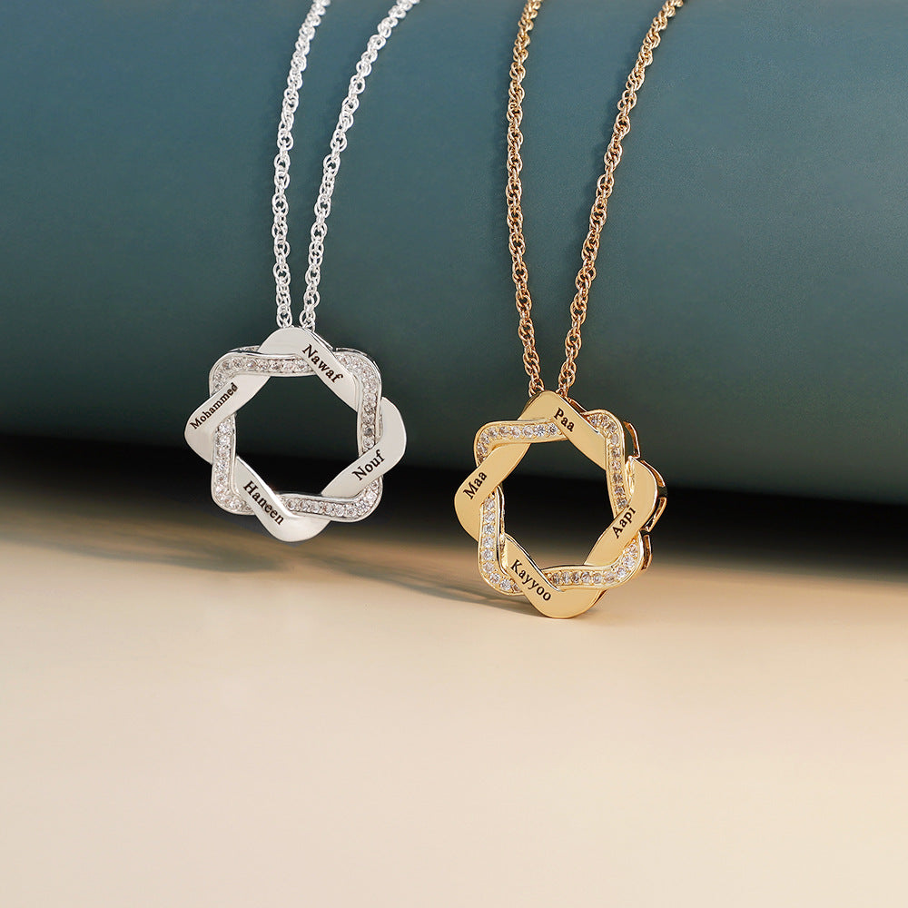 Custom Name Engravable Wreath Pendant Necklace made of stainless steel, featuring a delicate wreath design and personalized engraving option.