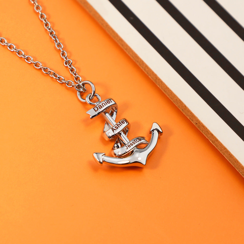 Custom Name Engraved Anchor Necklace made of stainless steel, featuring a personalized name engraving and an adjustable chain.