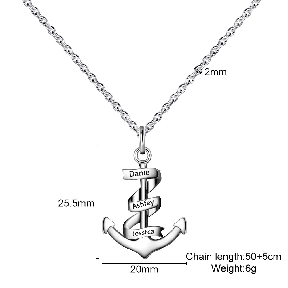 Custom Name Engraved Anchor Necklace made of stainless steel, featuring a personalized name engraving and an adjustable chain.