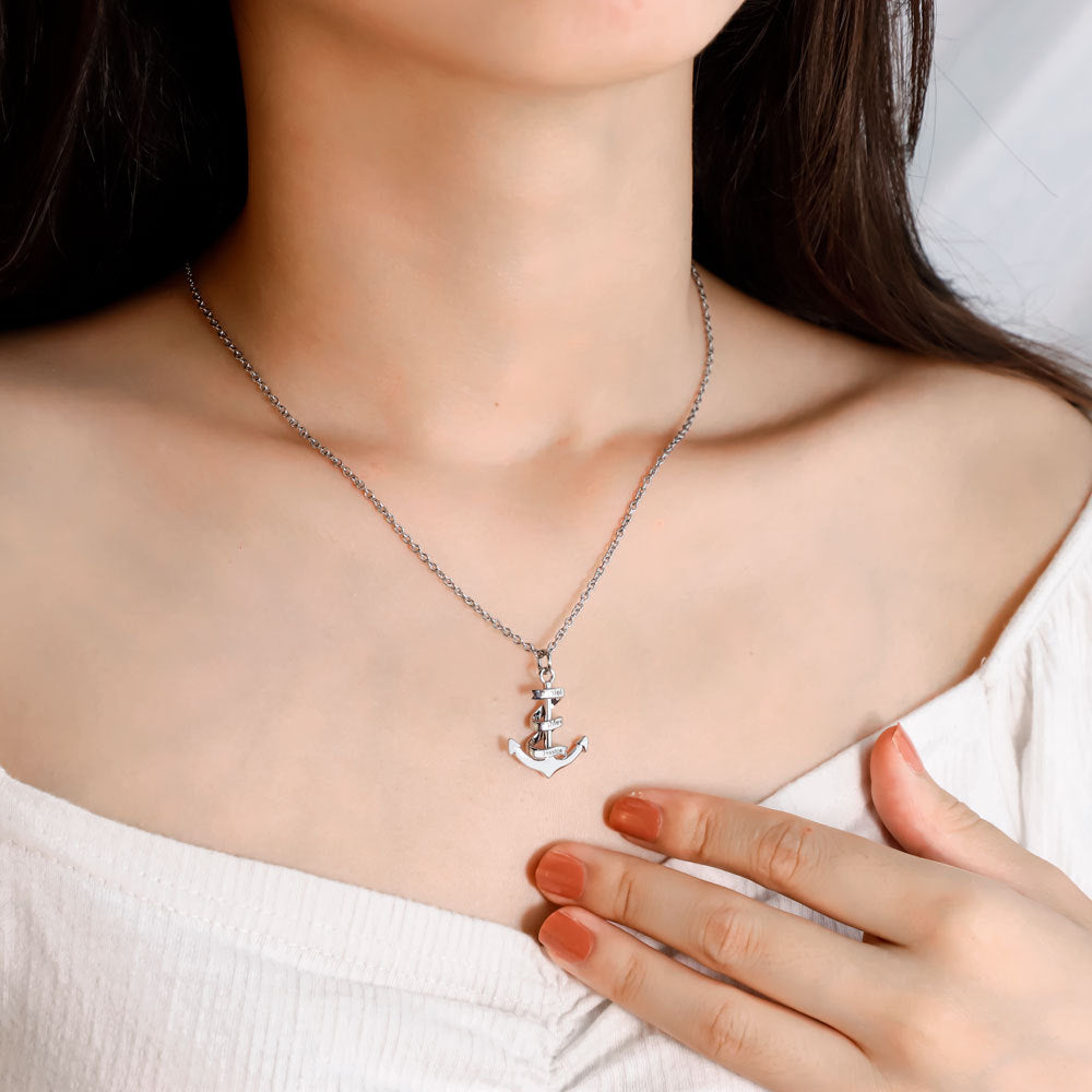 Custom Name Engraved Anchor Necklace made of stainless steel, featuring a personalized name engraving and an adjustable chain.