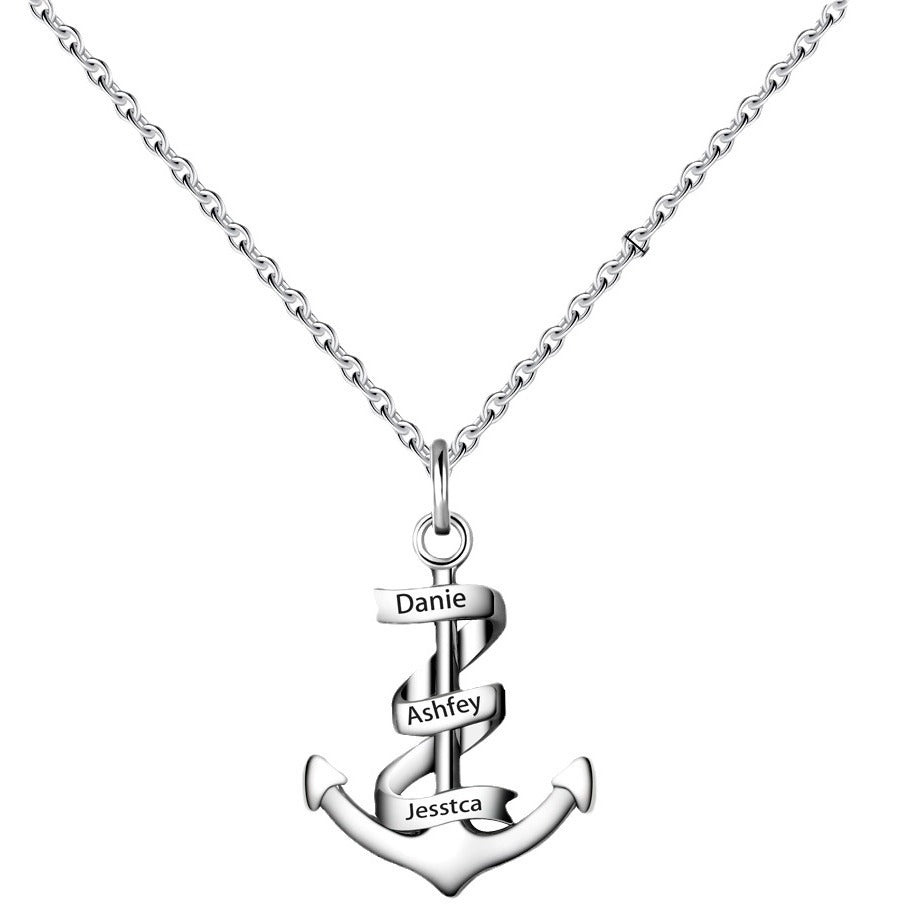 Custom Name Engraved Anchor Necklace made of stainless steel, featuring a personalized name engraving and an adjustable chain.