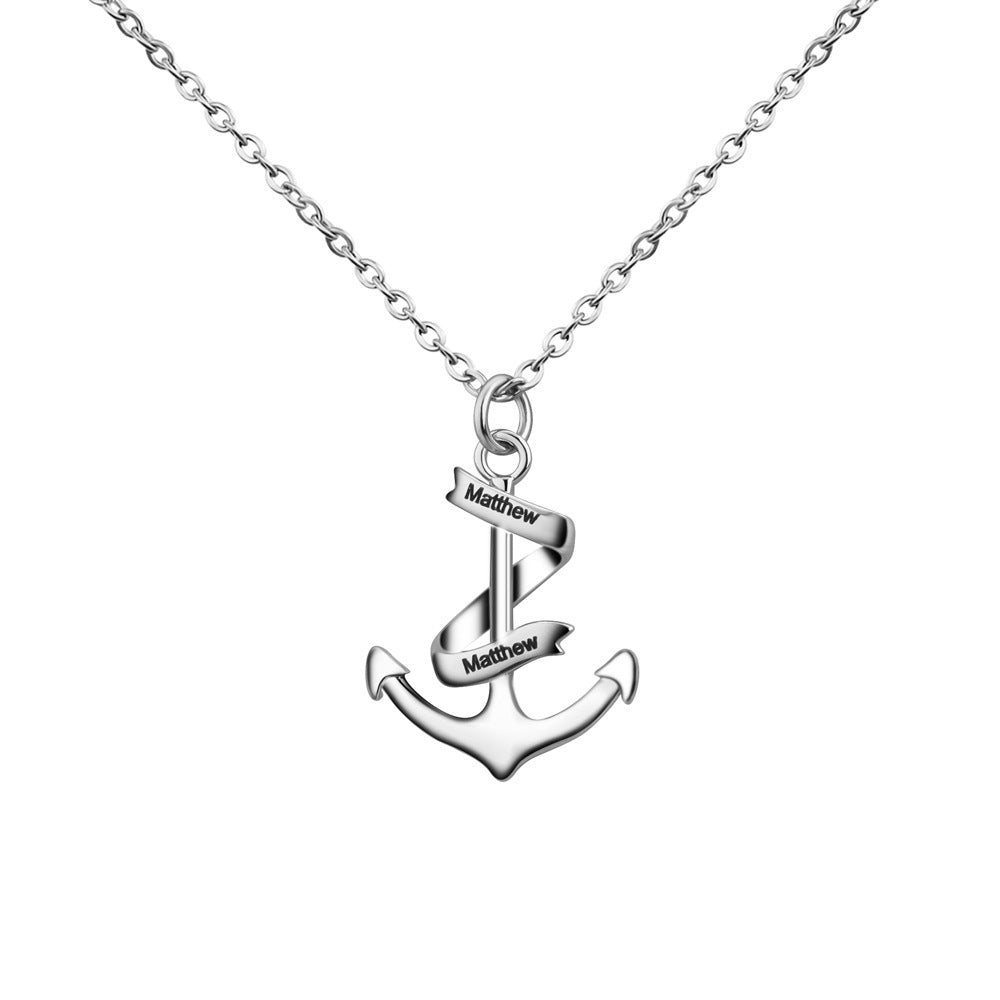 Custom Name Engraved Anchor Necklace made of stainless steel, featuring a personalized name engraving and an adjustable chain.