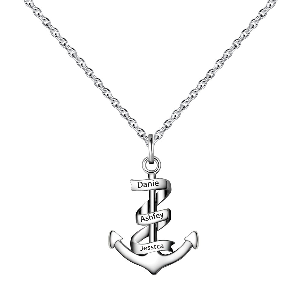 Custom Name Engraved Anchor Necklace made of stainless steel, featuring a personalized name engraving and an adjustable chain.