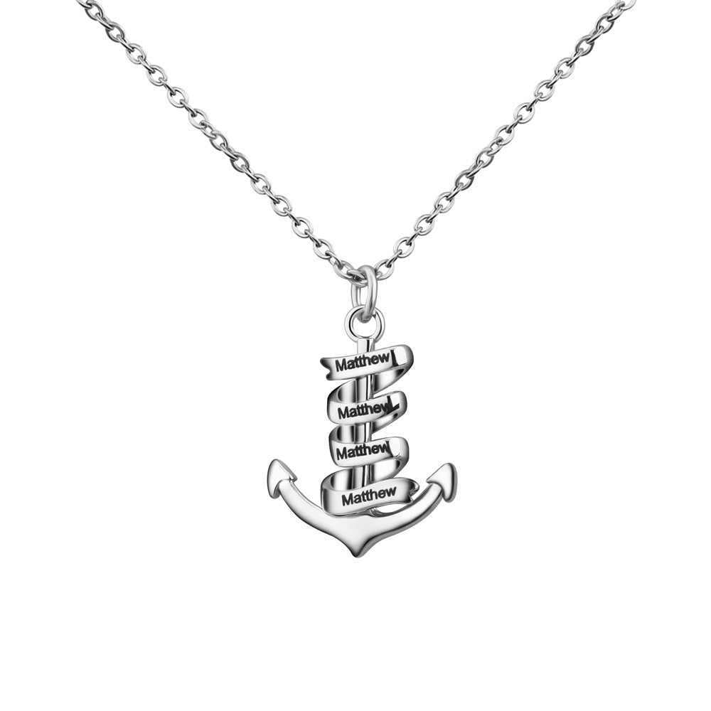 Custom Name Engraved Anchor Necklace made of stainless steel, featuring a personalized name engraving and an adjustable chain.