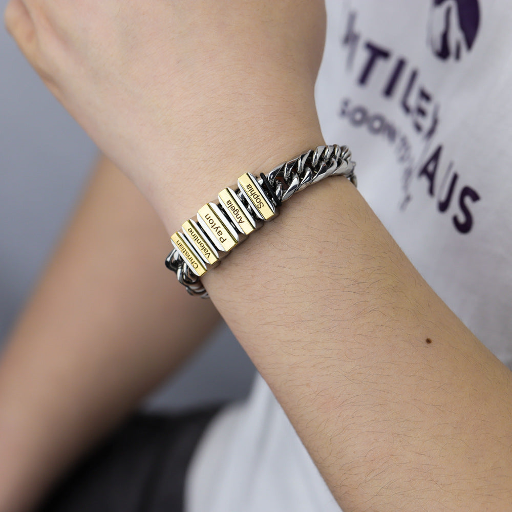 Custom Name Engraved Braided Cuban Chain Bracelet made of stainless steel, featuring a braided design and personalized engraving.