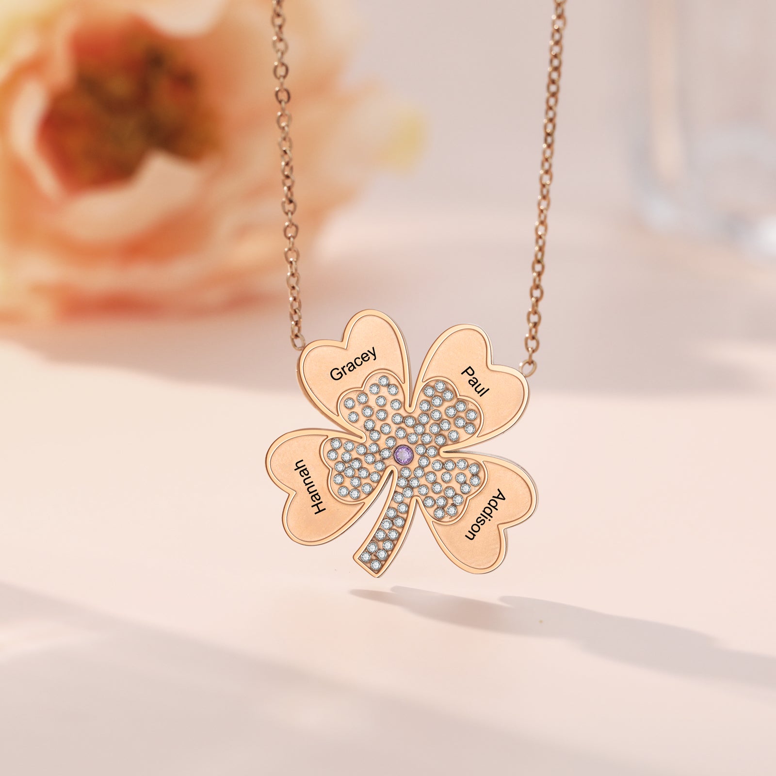 Custom Name Four-Clover Necklace made of tarnish-resistant copper, featuring a personalized name charm and an elegant four-leaf clover design.