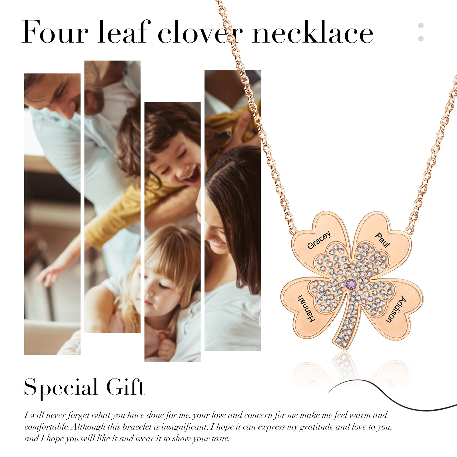 Custom Name Four-Clover Necklace made of tarnish-resistant copper, featuring a personalized name charm and an elegant four-leaf clover design.