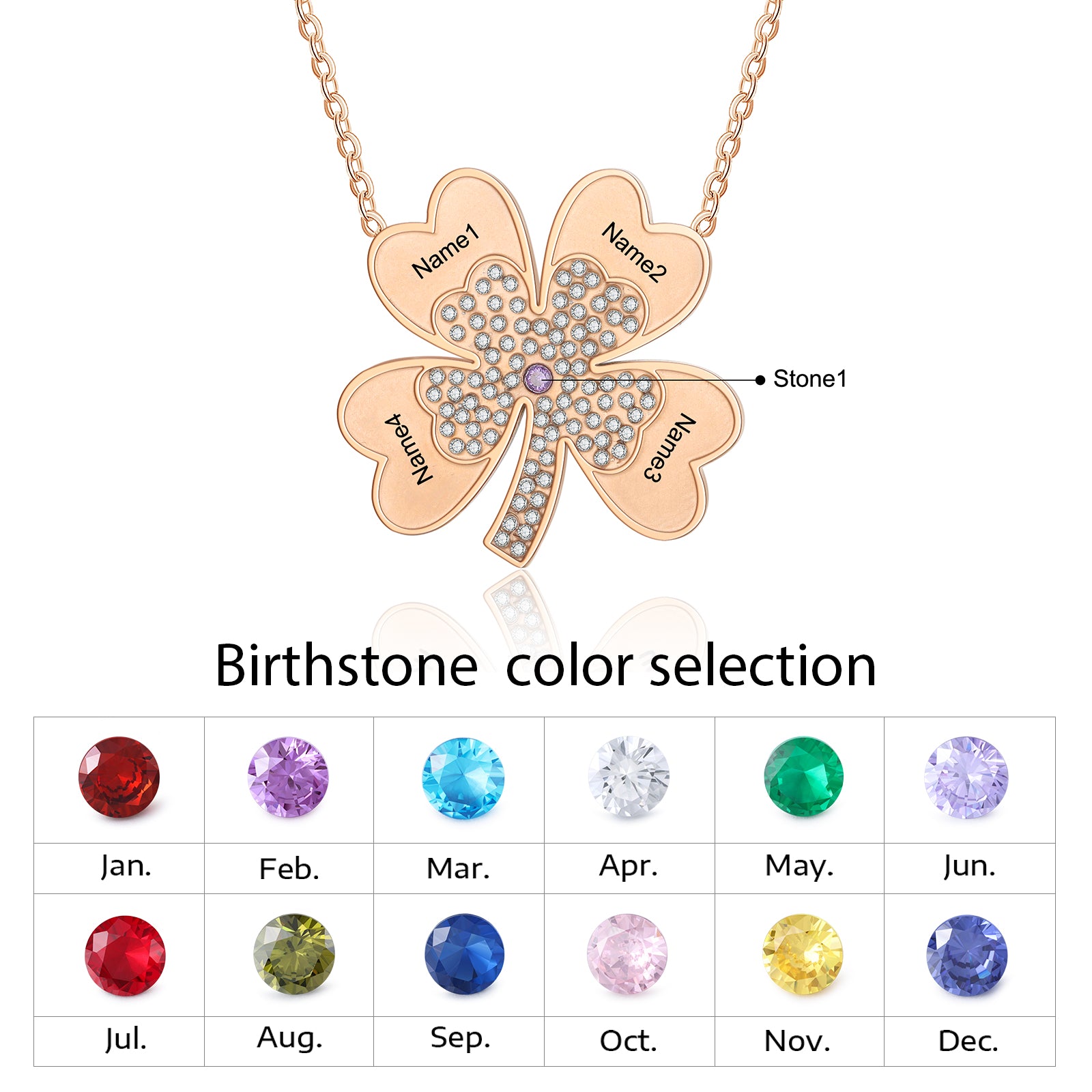 Custom Name Four-Clover Necklace made of tarnish-resistant copper, featuring a personalized name charm and an elegant four-leaf clover design.