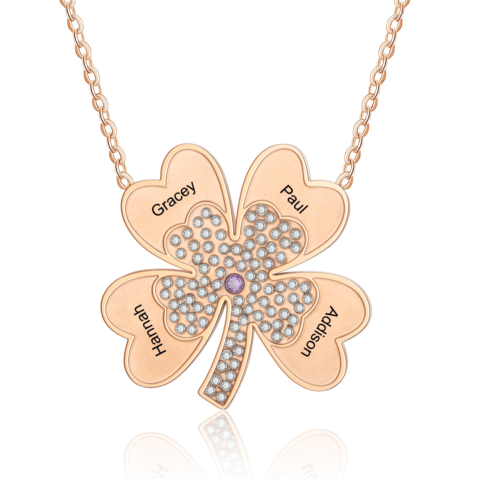 Custom Name Four-Clover Necklace made of tarnish-resistant copper, featuring a personalized name charm and an elegant four-leaf clover design.