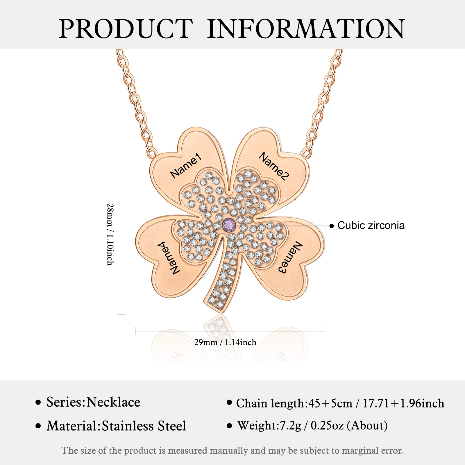 Custom Name Four-Clover Necklace made of tarnish-resistant copper, featuring a personalized name charm and an elegant four-leaf clover design.