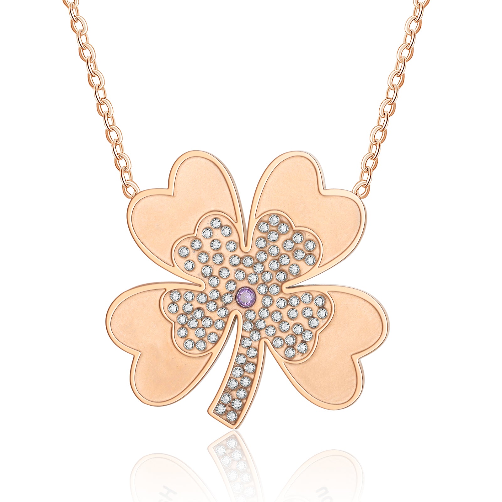 Custom Name Four-Clover Necklace made of tarnish-resistant copper, featuring a personalized name charm and an elegant four-leaf clover design.