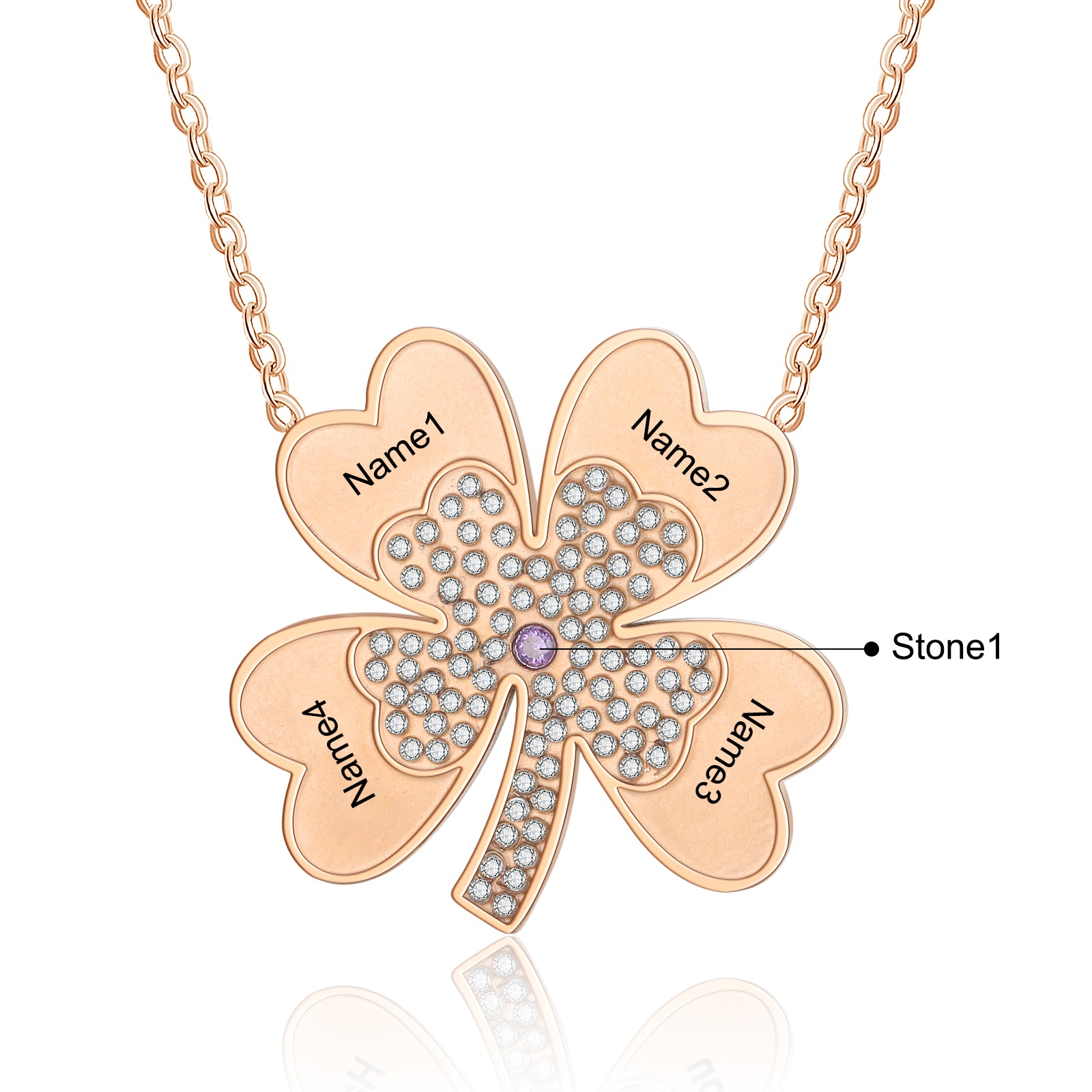 Custom Name Four-Clover Necklace made of tarnish-resistant copper, featuring a personalized name charm and an elegant four-leaf clover design.