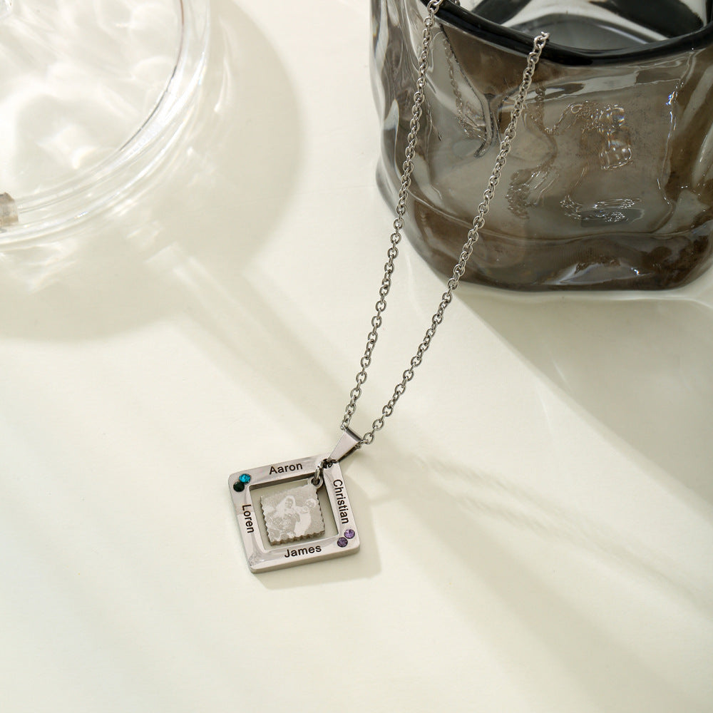 Custom Name Gift Box Necklace made of stainless steel, featuring a personalized name pendant, elegantly displayed in a gift box.