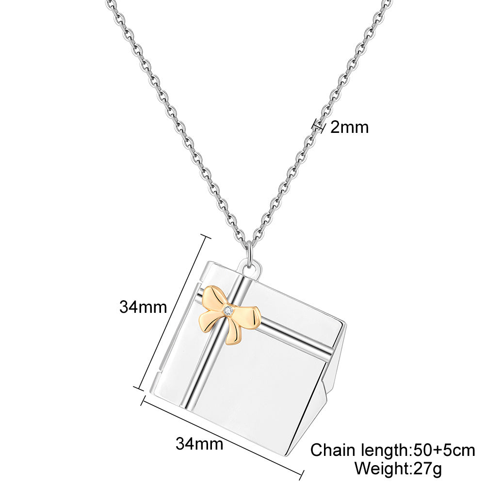 Custom Name Gift Box Necklace made of stainless steel, featuring a personalized name pendant, elegantly displayed in a gift box.