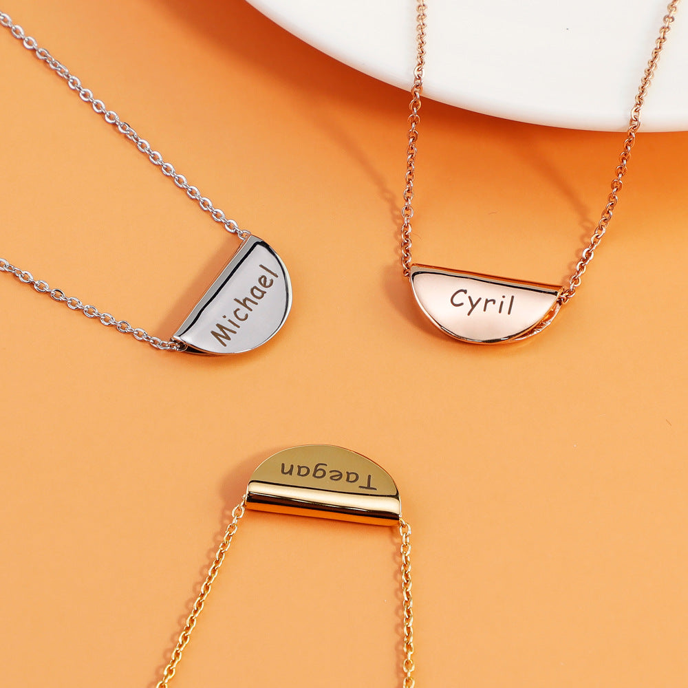 A beautiful Custom Name Half Moon Necklace made of stainless steel, showcasing its elegant design and adjustable length.