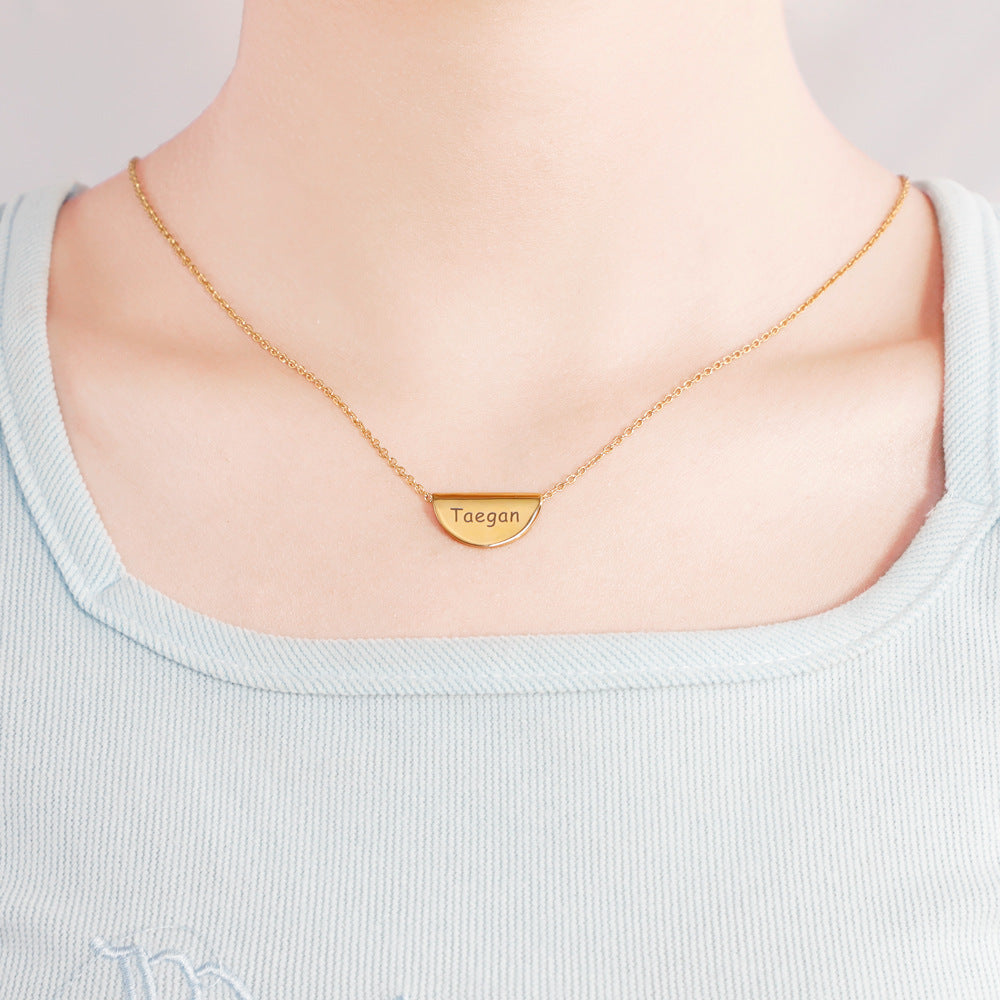 A beautiful Custom Name Half Moon Necklace made of stainless steel, showcasing its elegant design and adjustable length.