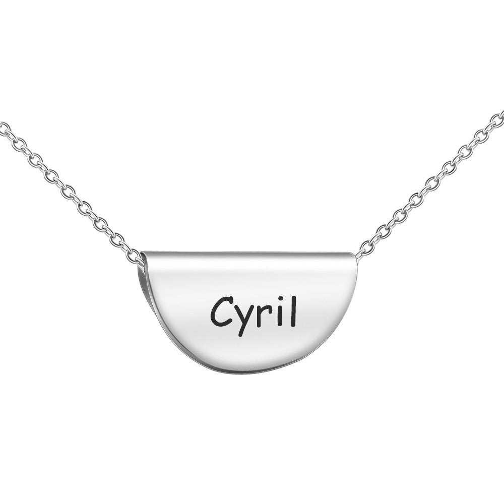 A beautiful Custom Name Half Moon Necklace made of stainless steel, showcasing its elegant design and adjustable length.