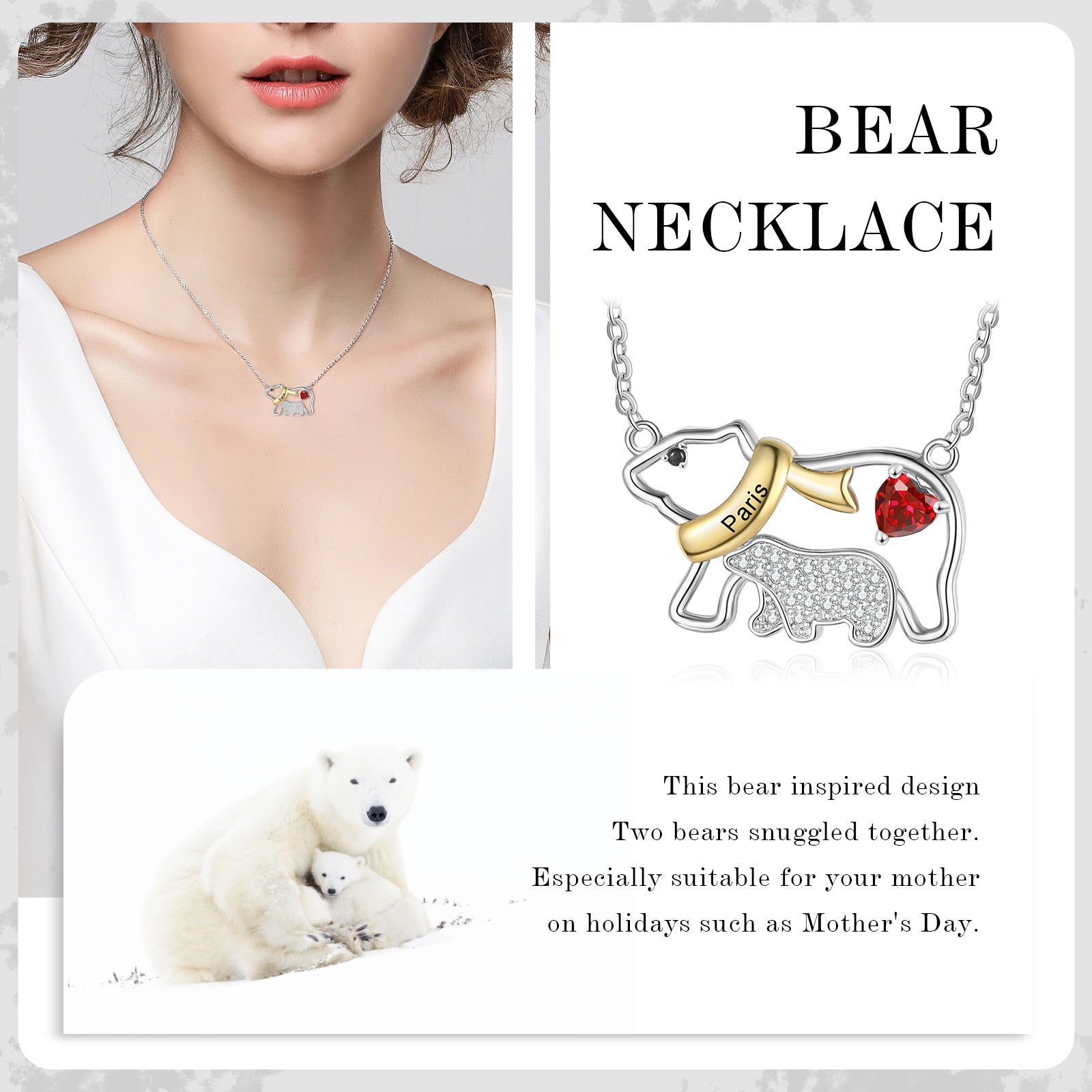 Custom Name Polar Bear Mother and Child Necklace made of tarnish-resistant copper, featuring a delicate design of a mother and child polar bear.