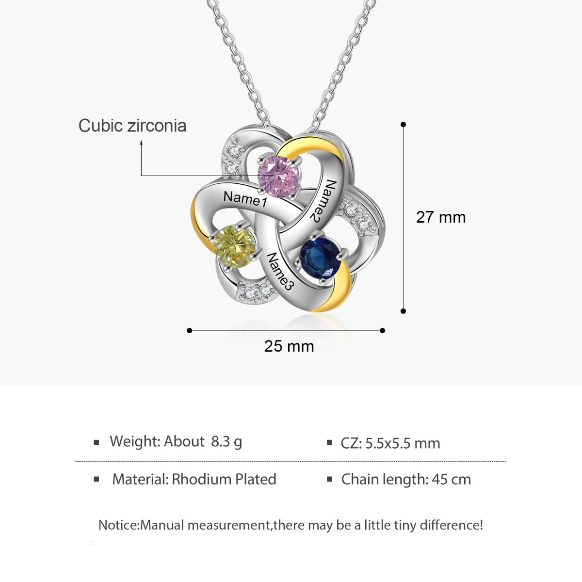 Custom Name Rhodium Plated Flower Shape Pendant Necklace with personalized name feature, showcasing its elegant design and craftsmanship.