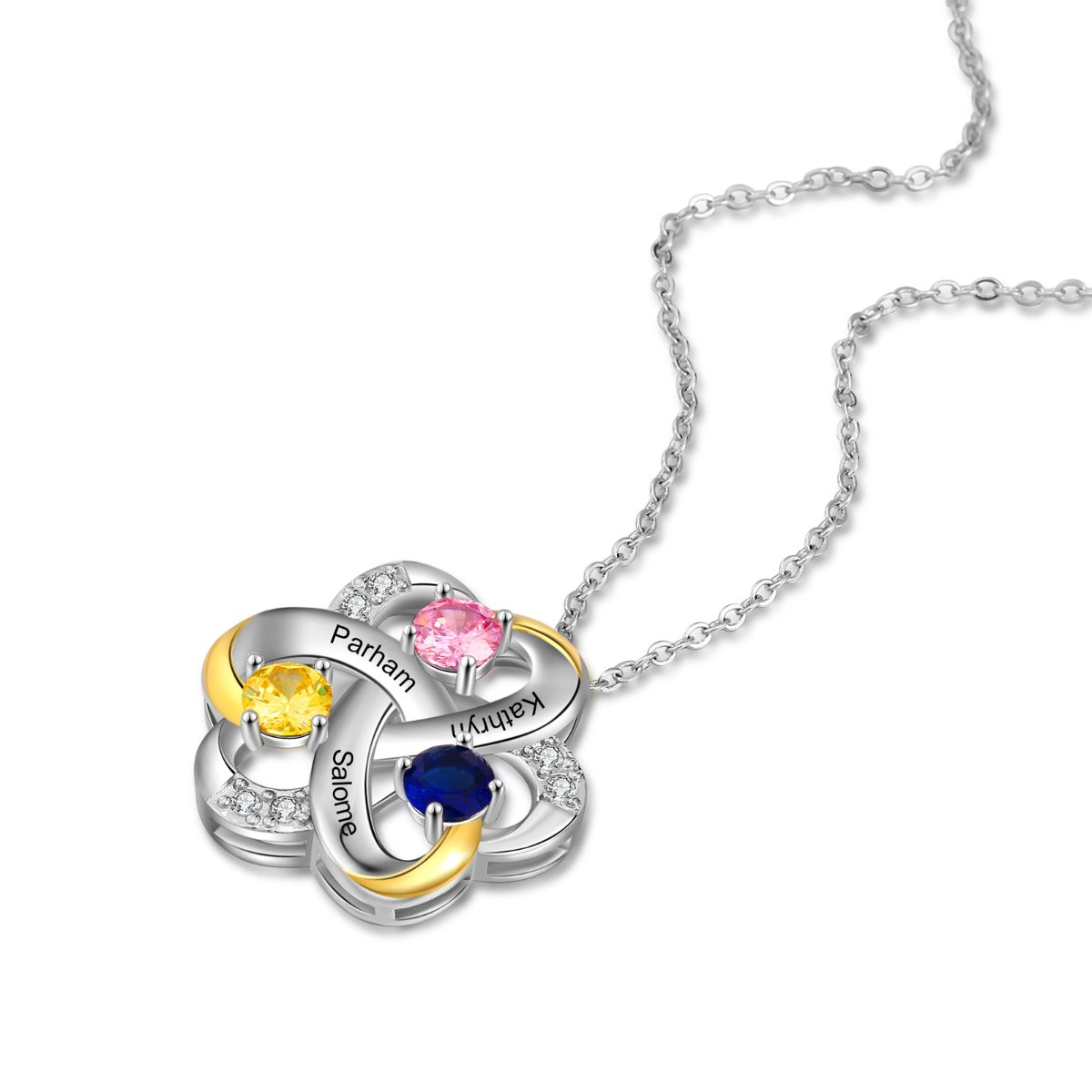 Custom Name Rhodium Plated Flower Shape Pendant Necklace with personalized name feature, showcasing its elegant design and craftsmanship.