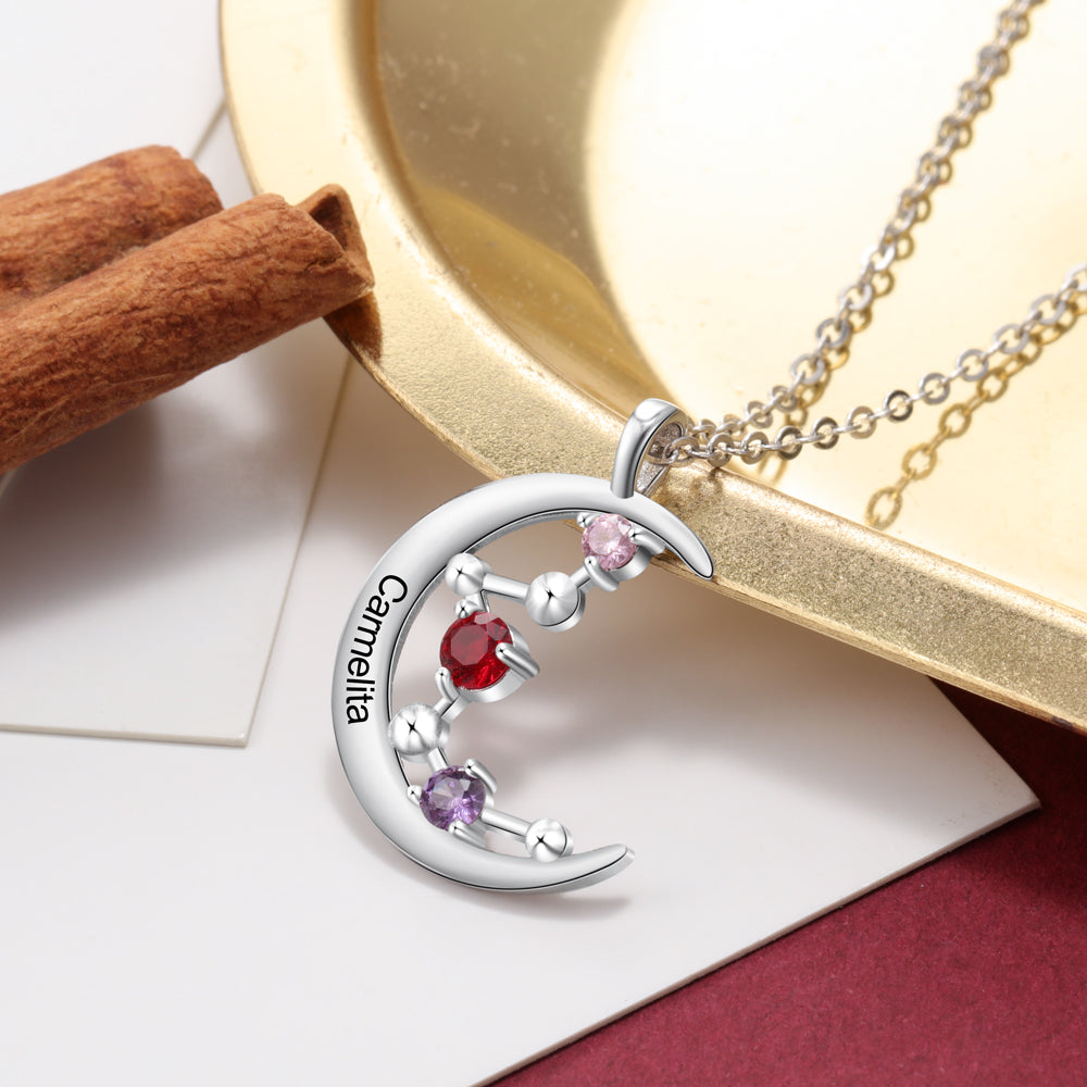Custom Name Rhodium Plated Moon Necklace featuring a personalized name pendant on a delicate chain, showcasing its elegant design.