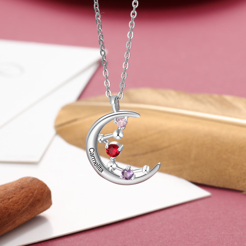 Custom Name Rhodium Plated Moon Necklace featuring a personalized name pendant on a delicate chain, showcasing its elegant design.