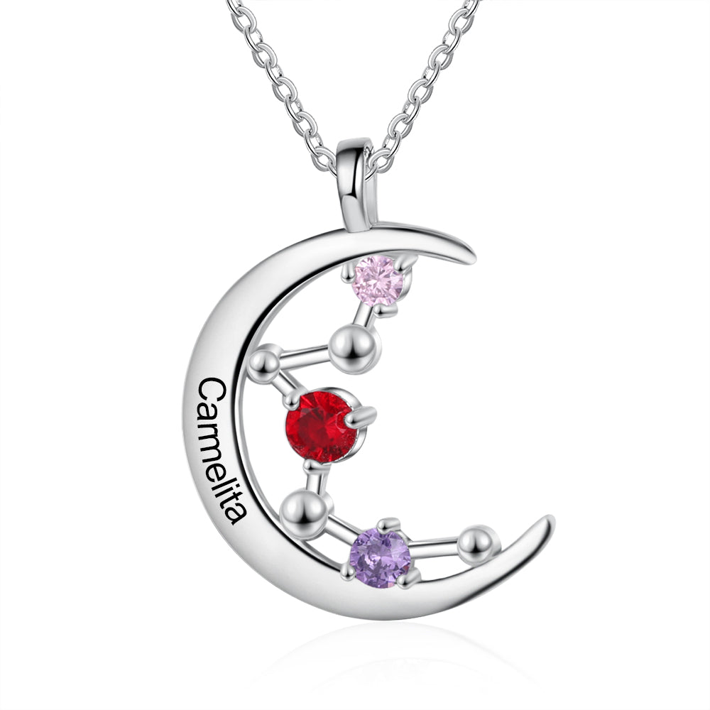 Custom Name Rhodium Plated Moon Necklace featuring a personalized name pendant on a delicate chain, showcasing its elegant design.