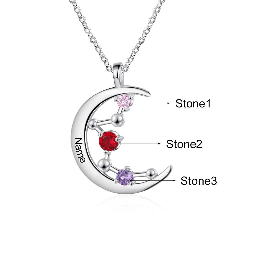 Custom Name Rhodium Plated Moon Necklace featuring a personalized name pendant on a delicate chain, showcasing its elegant design.