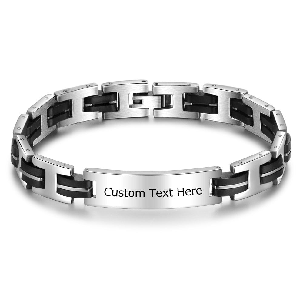 Custom Name Stainless Steel Bracelet with white gold plating, featuring personalized engraving options.