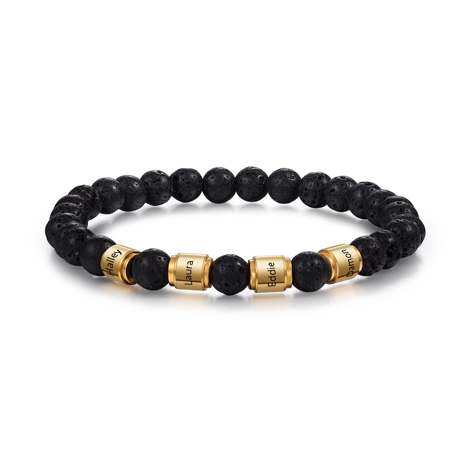 Custom Name Stainless Steel Volcanic Stone Bracelet featuring gold plating and black volcanic stone, personalized with name engraving.