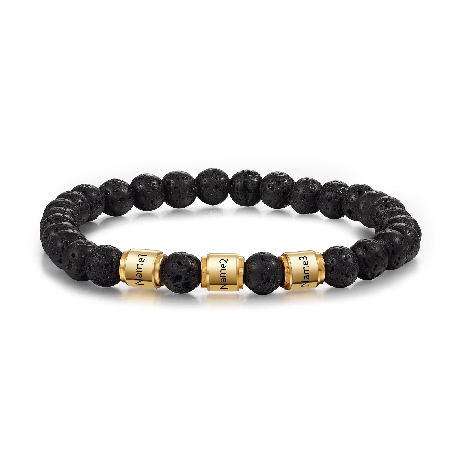 Custom Name Stainless Steel Volcanic Stone Bracelet featuring gold plating and black volcanic stone, personalized with name engraving.
