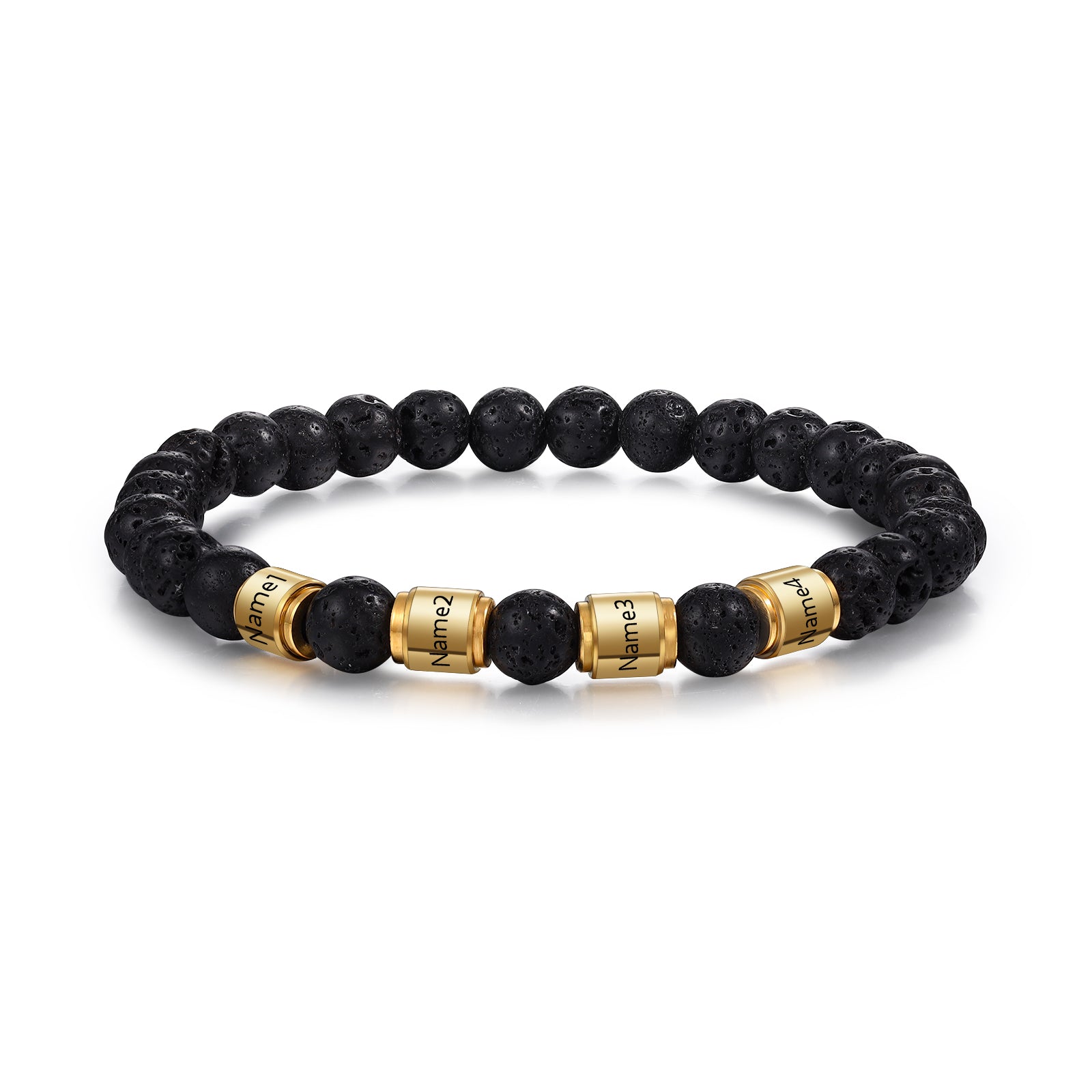 Custom Name Stainless Steel Volcanic Stone Bracelet featuring gold plating and black volcanic stone, personalized with name engraving.