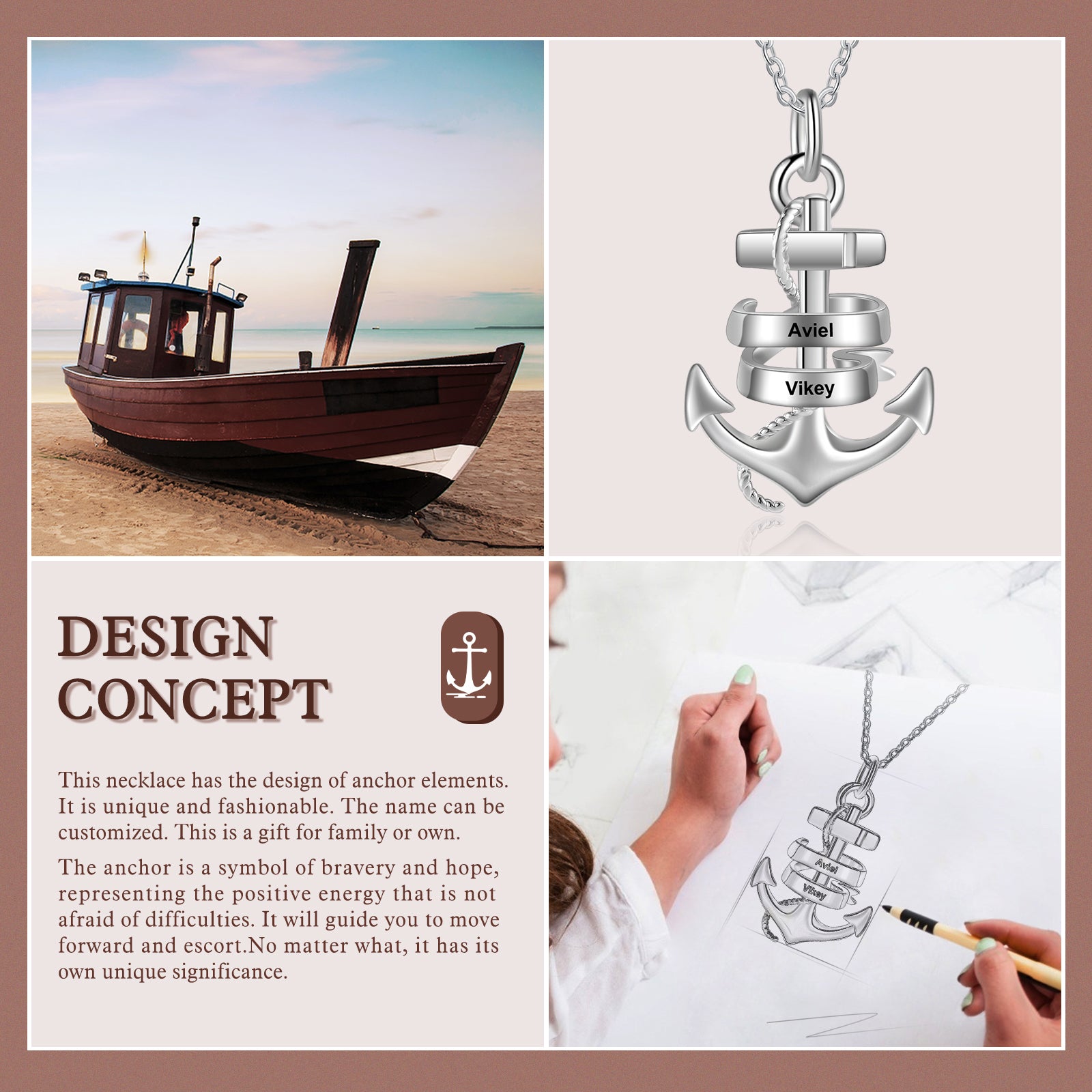 Custom Name With Anchor Necklace in white gold plating, featuring a personalized name engraving and adjustable chain.