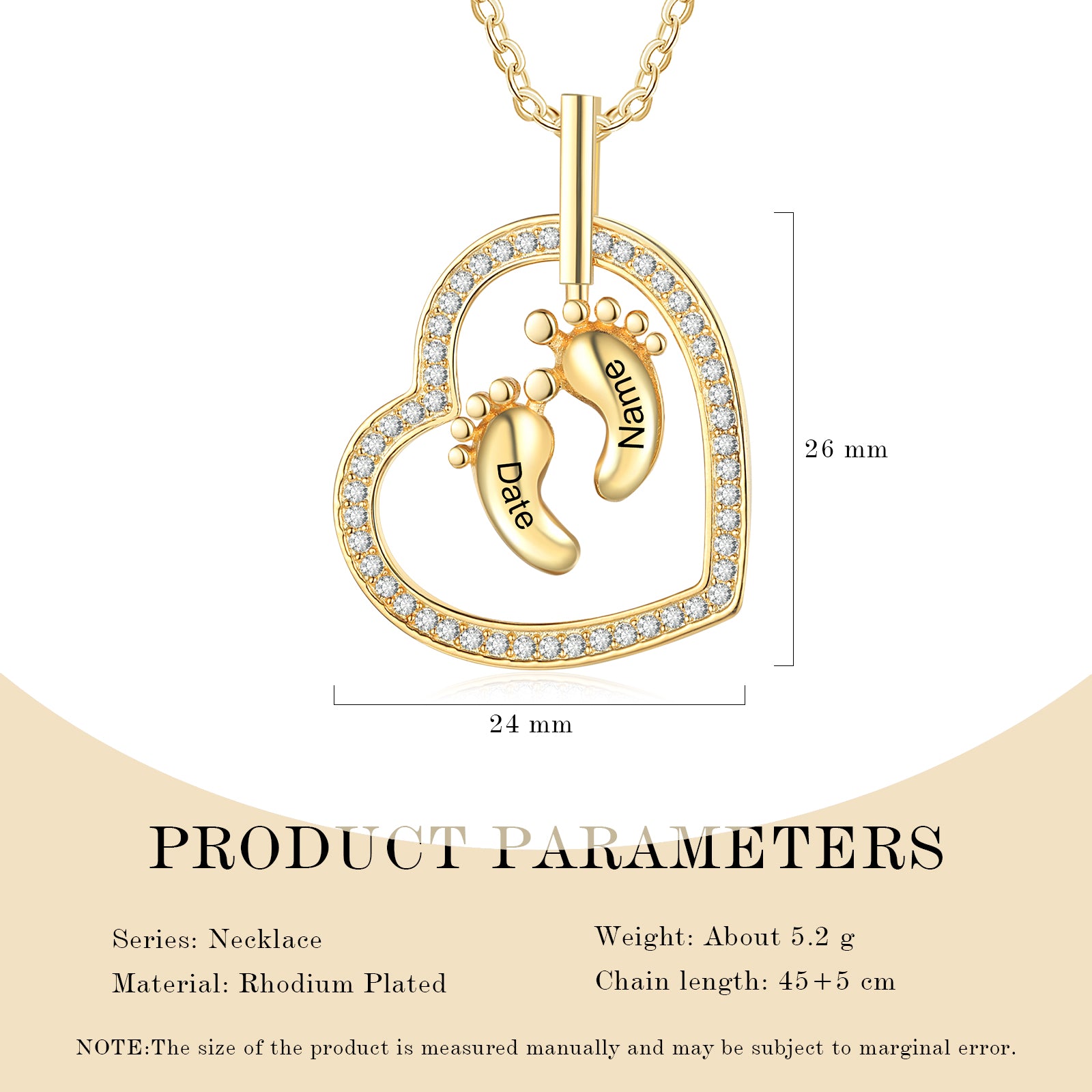 Custom Name Necklace featuring Baby Feet Heart design, handmade from tarnish-resistant copper.