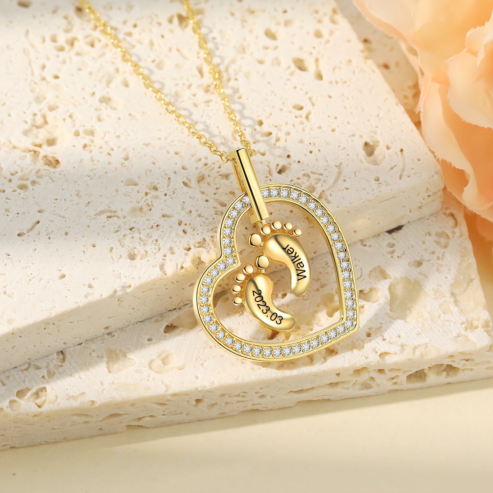 Custom Name Necklace featuring Baby Feet Heart design, handmade from tarnish-resistant copper.
