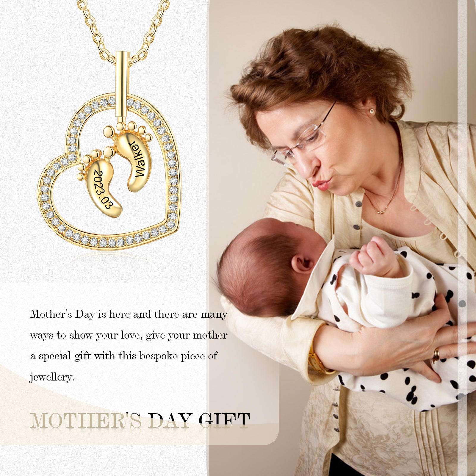 Custom Name Necklace featuring Baby Feet Heart design, handmade from tarnish-resistant copper.