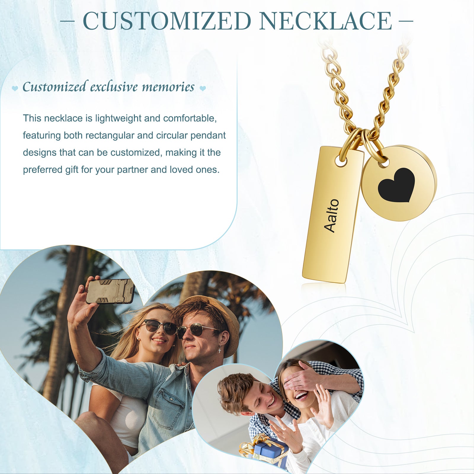 Custom Name With Heart Style Pendant Necklace made of stainless steel, featuring a heart-shaped pendant with personalized name engraving.