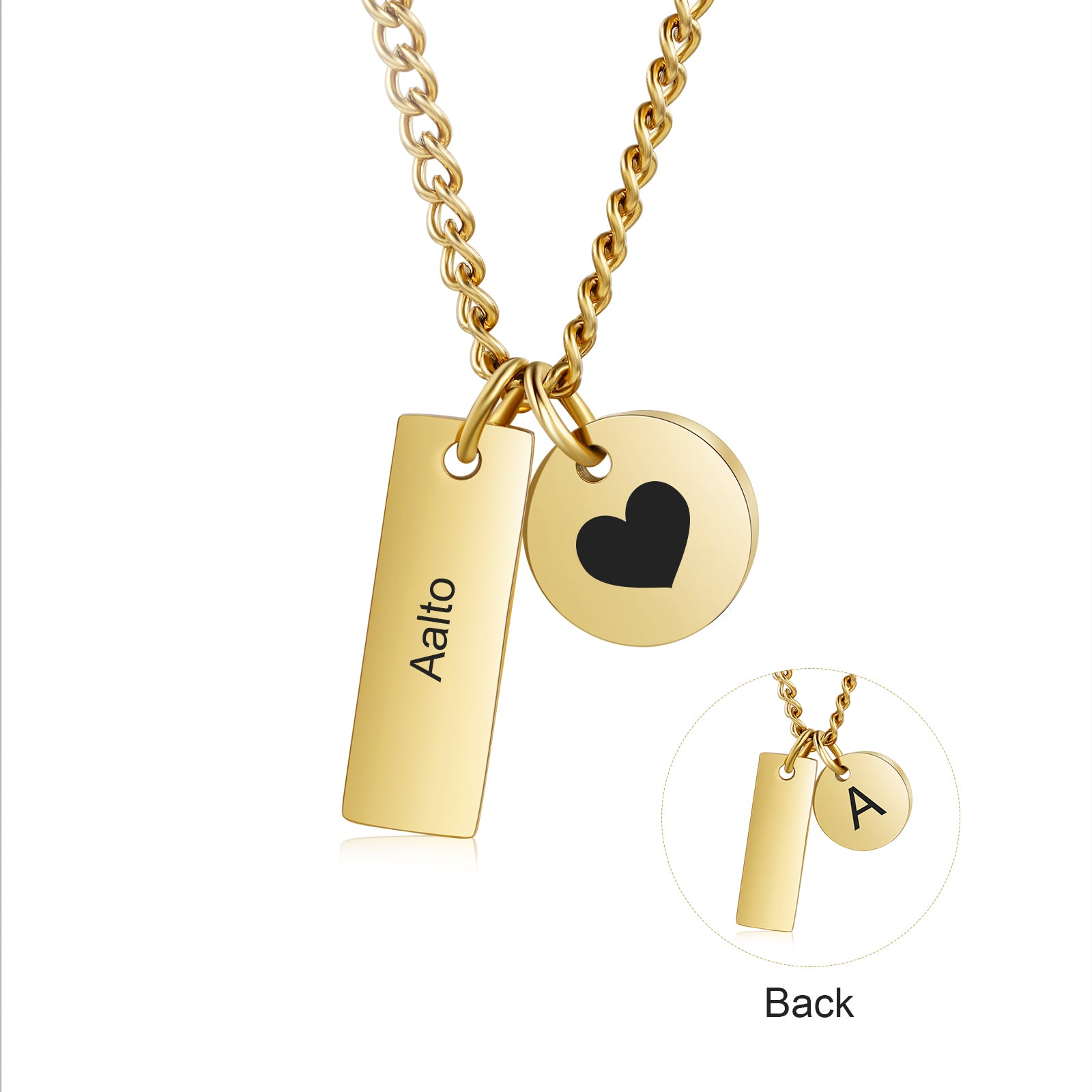 Custom Name With Heart Style Pendant Necklace made of stainless steel, featuring a heart-shaped pendant with personalized name engraving.