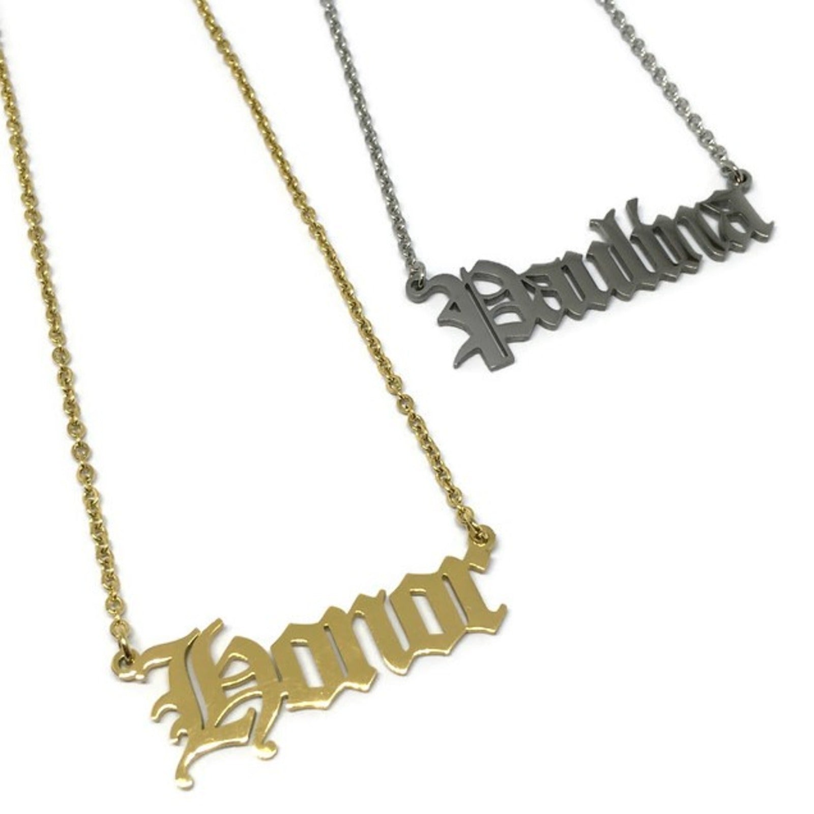 Custom Old English Name Necklace made of stainless steel, featuring a personalized name pendant and a durable chain.