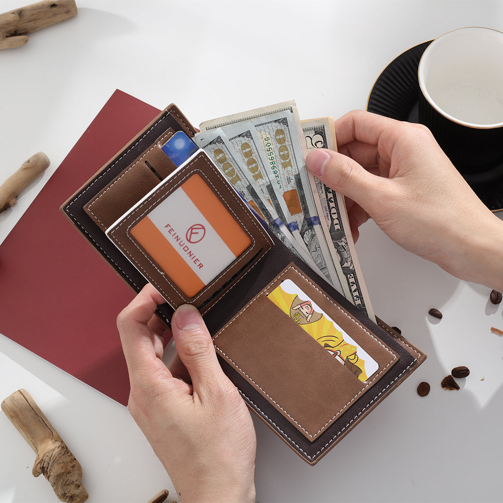 Custom Photo PU Leather Wallet in brown, featuring a personalized design and compact size.