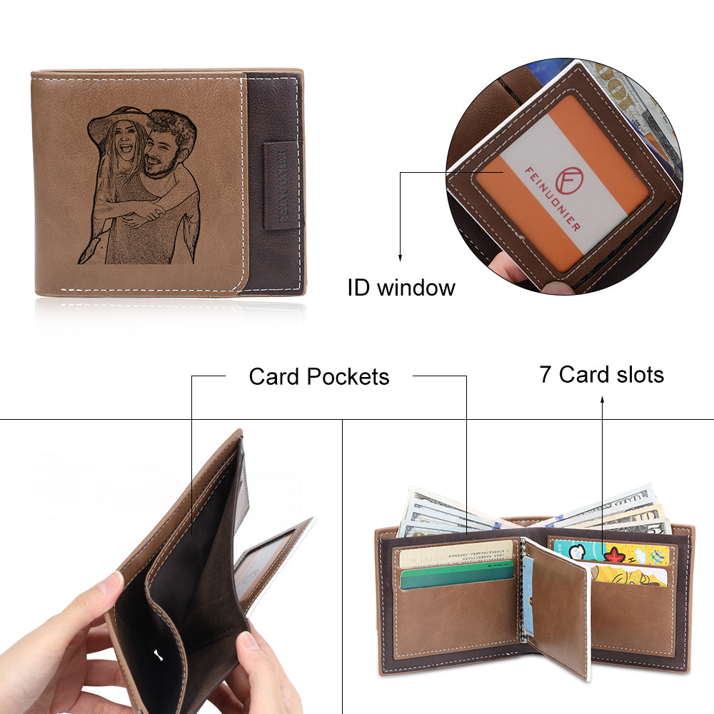 Custom Photo PU Leather Wallet in brown, featuring a personalized design and compact size.