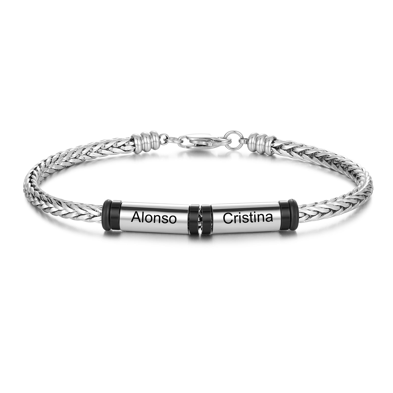 Custom Stainless Steel Men Bracelet with white gold plating, showcasing a personalized design and elegant finish.