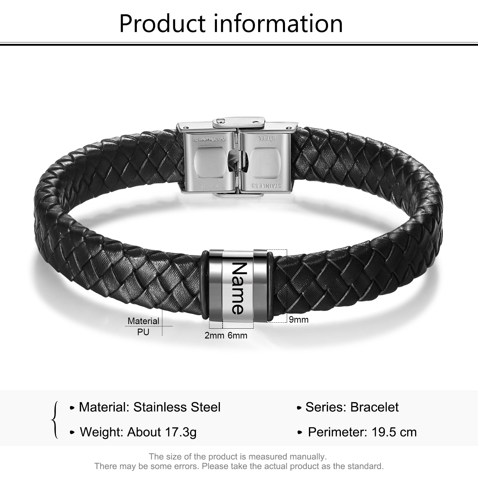 Custom Stainless Steel Leather Bracelet in white gold plated and black options, showcasing its elegant design and personalized engraving.